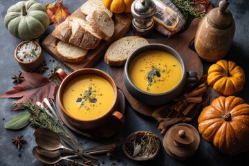 Two bowls of creamy pumpkin soup, surrounded by autumnal ingredients.