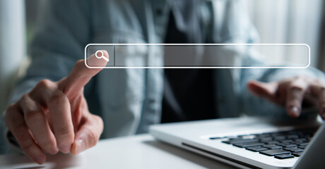 Search data and SEO technology, Hand pressing button on virtual screen searching for information on the website. Online networking system, Using Search Console with website