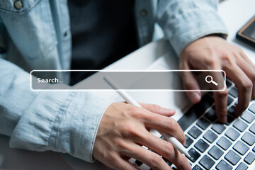 Search data and SEO technology, Hand typing on laptop keyboard searching for information on the website. Online networking system, Using Search Console with website