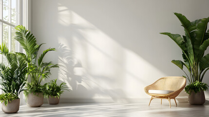 Indoor greenery display in modern living space pure white background beautiful plants and chair