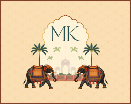 Traditional wedding logo featuring royal decorated elephants and rich culture