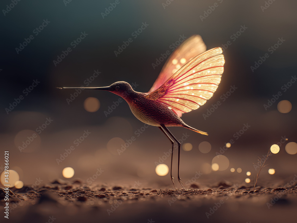 Poster bird-like creature with translucent wings soars above dusty mars soil, illuminated by light in a viv