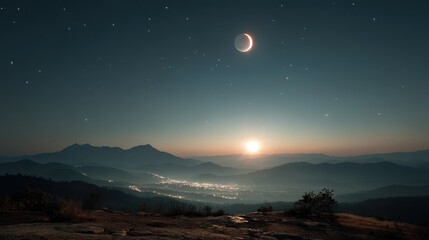 Celestial alignment sun and crescent moon mountain range photograph night sky panoramic view cosmic beauty
