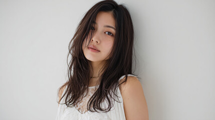 Naklejka premium young japanese woman posing indoors against white background wearing simple white outfit with flowing natural hair, bright minimalistic portrait focusing on beauty authenticity and casual elegance 