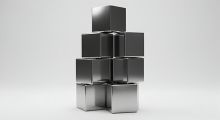 Metallic Cubes Tower On Light Background Represents Abstract Business Concept