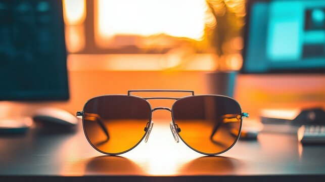 Advanced smart glasses placed symmetrically on a minimalist metal desk, with a tech-savvy background blur