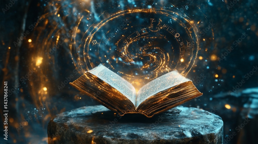 Poster mystical open book glowing with magic, spellbinding light in dark environment