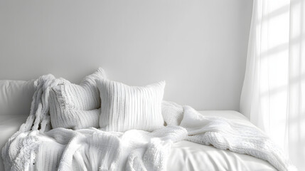Cozy white blanket and pillows on sofa indoor living room photography minimalistic close-up view