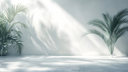 Lush green plants casting shadows on pure white background indoor photography minimalist design