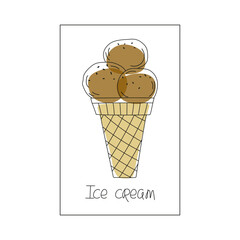 Chocolate ice cream poster, handwritten font. Waffle cone ice cream cone logo. Linear icon, doodle. Illustration for poster design, banner, menu, bar, cafe, recipes, restaurant.