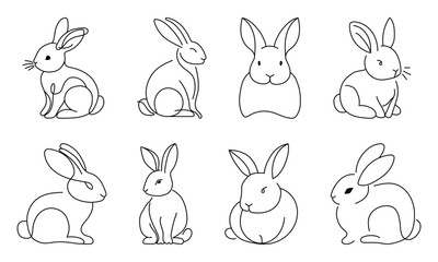 Set of simple rabbits line drawing black and white
