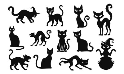 Scary Halloween cat silhouette set. Cartoon black cat