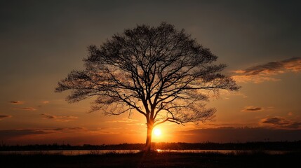 Golden sun setting behind a silhouette tree nature landscape photographic art evening glow captivating scene