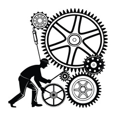 Silhouette of a Mechanic Working on Complex Gear System