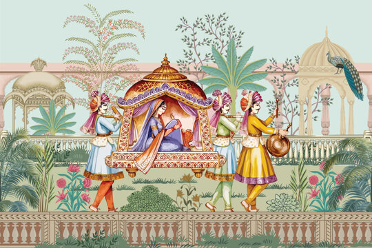 Colorful vector illustration of an Indian Mughal palki (palanquin) with peacock and floral plants, perfect for wedding invitations