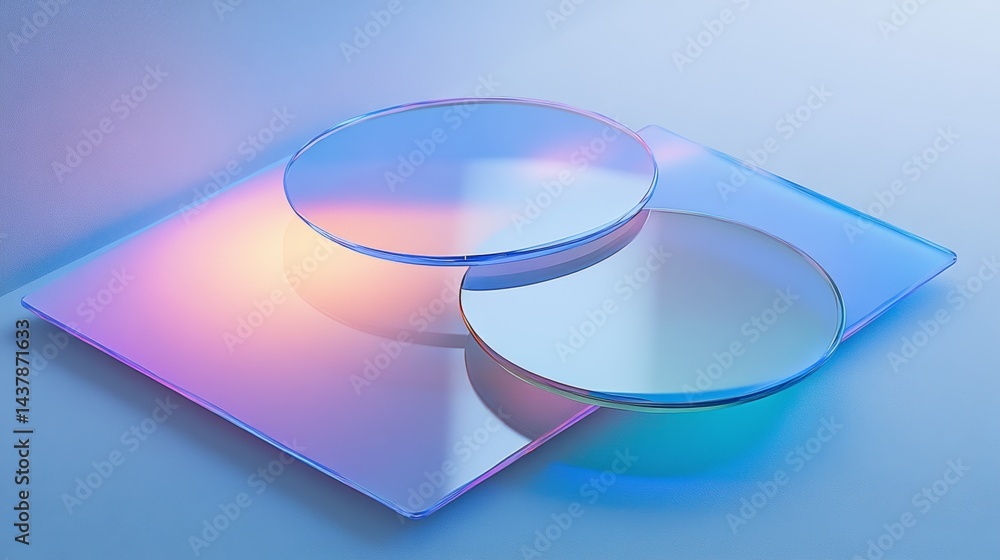 Poster two empty overlapping glass podiums are casting iridescent reflections on a larger glass square, cre