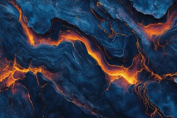 Abstract artwork depicting a fiery, flowing lava stream within a dark, textured landscape.