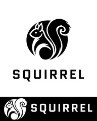 A creative and modern squirrel logo featuring a stylized, abstract squirrel design in black with smooth curves