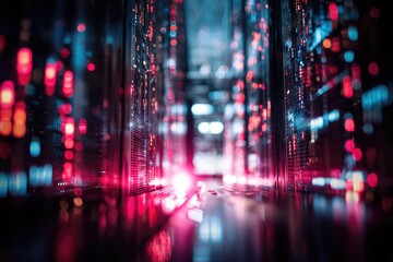 Server room interior, glowing lights