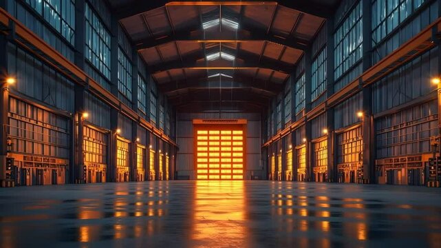 Expansive modern warehouse interior bathed in warm lighting
