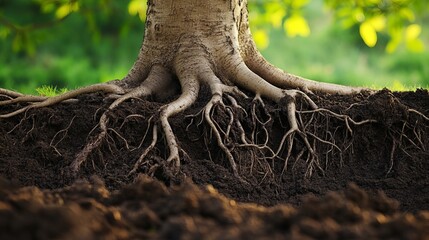 Majestic Tree Roots Exposed in Dark Rich Soil Nature Photography Background Image Detailed Strong Powerful Grounded Growth wood wild life deep plant  