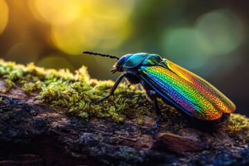 Naklejka premium A vibrant iridescent beetle, showcasing its stunning colors, rests on a mossy log in the warm sunlight.