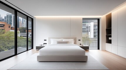 Minimalist bedroom with city view.  Spacious and bright room with large windows overlooking a cityscape.  Neutral color palette, simple furnishings, and clean lines create a modern aesthetic.