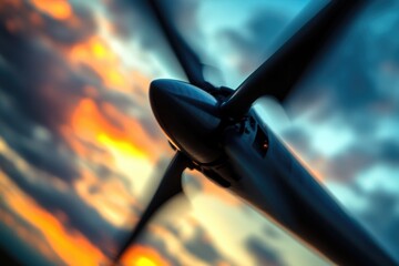 Close-up view of airplane propeller against a vibrant sunset sky.