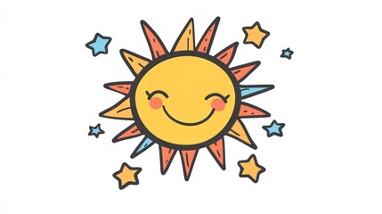 Happy sun cartoon, stars, white background, children's illustration