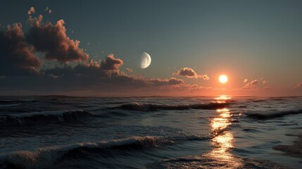 Sunset and moonrise ocean realistic photograph evening aerial view nature's transition