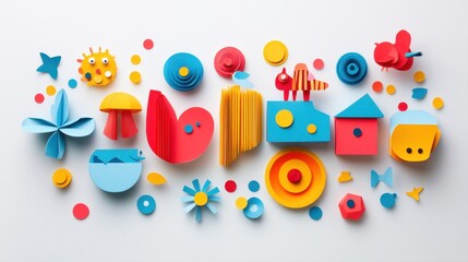 Fototapeta premium Colorful Paper Cutouts and Shapes Arranged Artfully on White Background for Creative Design Projects
