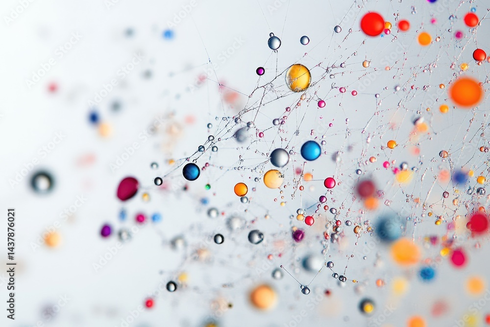 Poster colorful liquid droplets adhering to a spiderweb, creating an abstract network.