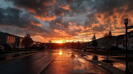 Storm clearing sunrise residential neighborhood realistic photograph urban landscape eye-level view nature's resilience