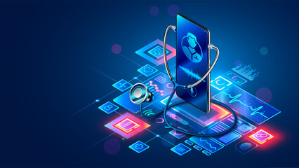Doctor online consultation concept. Medical technology icons and graphics around phone screen with therapist on chat in messenger, online doctor consultation via internet. Doctor Online Telemedicine.