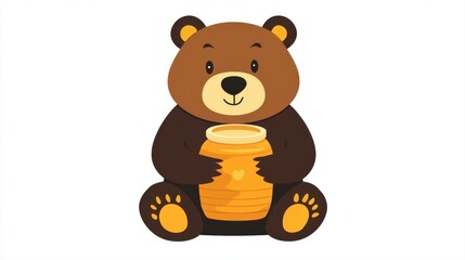 Fototapeta premium Cute cartoon bear character holding a honey jar with a joyful expression in a vibrant and playful illustration