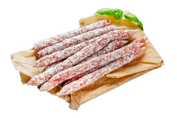 Sausage dried meat aperitif salami natural food dish organic product fresh tasty gourmet food background on the table rustic food top view copy space