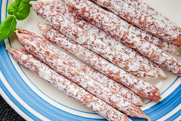 Sausage dried meat aperitif salami natural food dish organic product fresh tasty gourmet food...