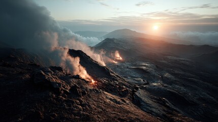 Volcanic eruption dynamics remote landscape realistic photography natural environment aerial perspective celestial phenomenon
