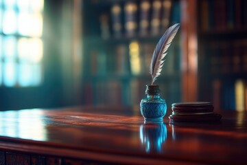 A quill pen rests in a vintage inkwell on a polished wooden desk in a library, bathed in soft light.
