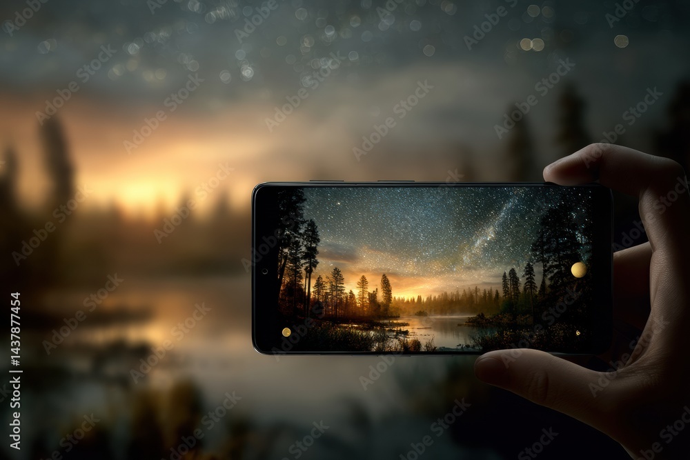 Aufkleber night mode capture of a starry skyline reflecting on water during twilight at a serene forest locati