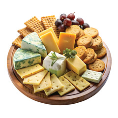 A cheese platter with various cheeses and crackers, PNG file for mock-up.