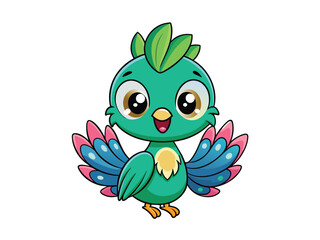 A cute and funny baby  peacock  cartoon, a cheerful bird animal vector illustration with a beak and wing, makes a happy icon design