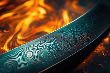 Close-up of a damascus steel blade with intricate swirling patterns, set against a fiery orange background. © Harsha