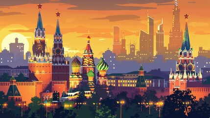 Obraz premium Cartoon vector skyline of Moscow Kremlin with St. Basil's Cathedral, colorful domes and golden turrets against dusk orange sky