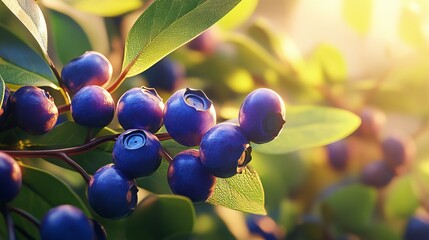 Vibrant Blueberries on Bush Sunlight Fresh Summer Berries Juicy Delicious Healthy Food Nature Photography Closeup Detailed Image Organic Produce Ripe 