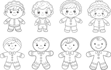 Adorable gingerbread kids and children coloring page charming line art simple design