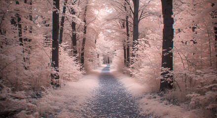 Naklejka premium Enchanted Forest Path In Pastel Colors Dreamy Woodland Scenery