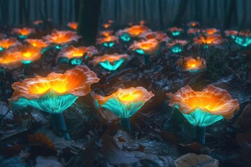 Glowing bioluminescent mushrooms illuminate a dark forest floor, creating a magical, enchanting scene.