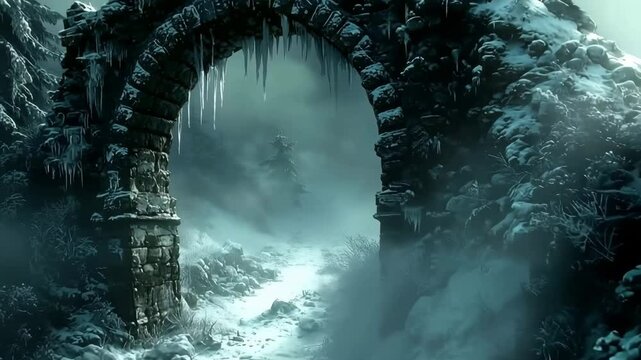 A mystical snow covered forest with an ancient stone archway