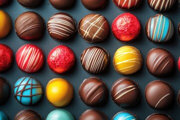 Obraz premium Colorful candy delights create a vibrant mosaic of sweetness on a dark surface, inviting joyful indulgence for children and adults alike